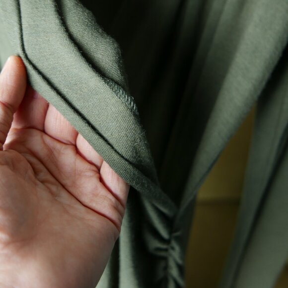 V Neck Long Sleeve Faux Wrap Stretch Knit Khaki Ruchin Dress - Picture 3 of 6